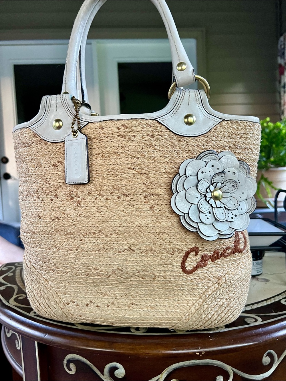 Coach Bleecker Straw Tote with White Leather Trim and Floral Accent